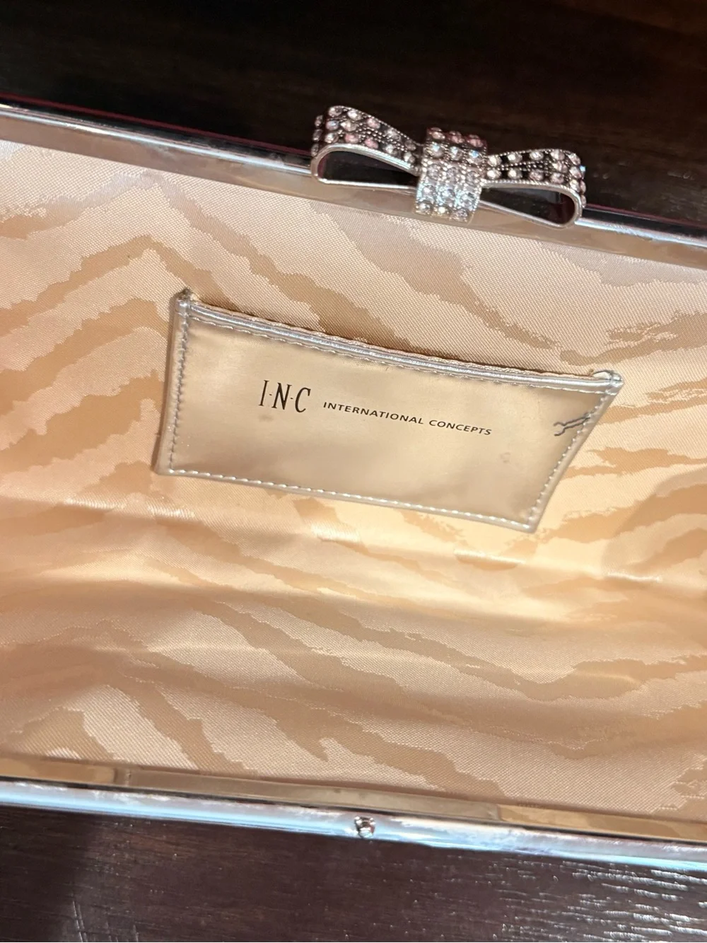 INC International Concepts Champagne Glitter Evening Clutch with Rhinestone Bow